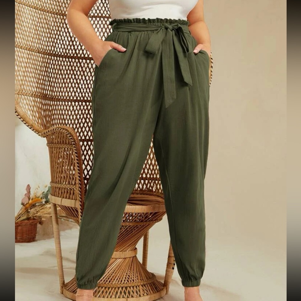 Army Green Paperbag waist belted pants